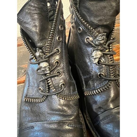 The Shoe Box Leather Combat Boots Women's 6 Bronze Blue Skull Head Punk Goth UK - Picture 9 of 10